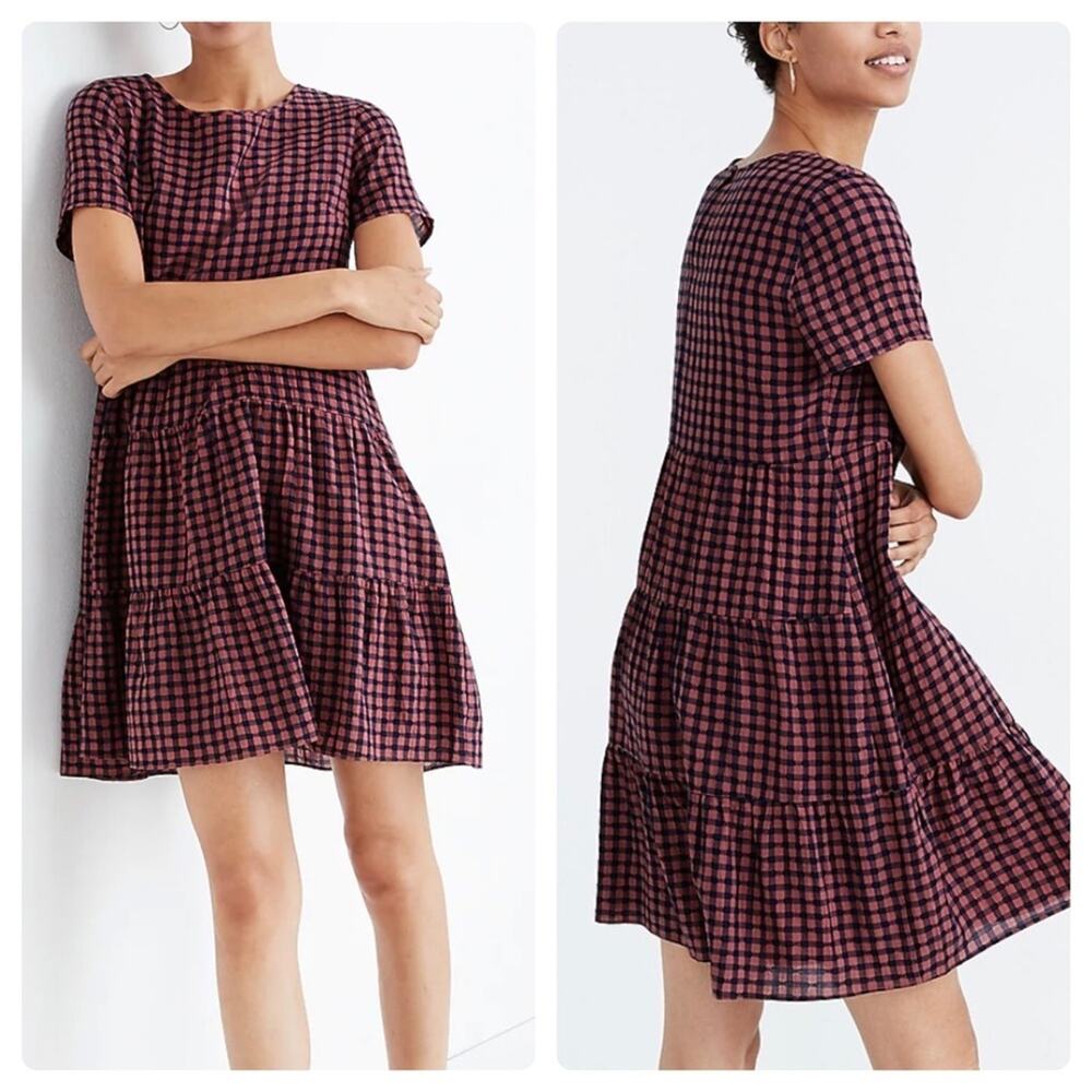 Madewell Short-Sleeve Tiered Mini Dress in Gingham Check